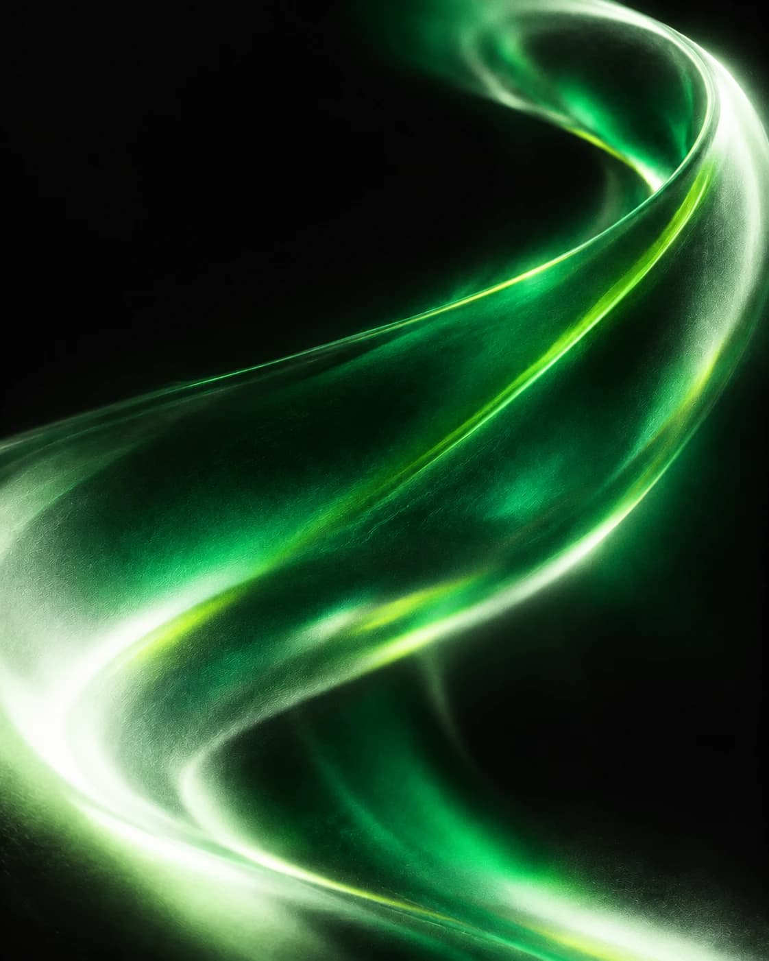 Fluxo abstrato de luz verde-esmeralda, verde-lima e branca, criado para a Auverdev