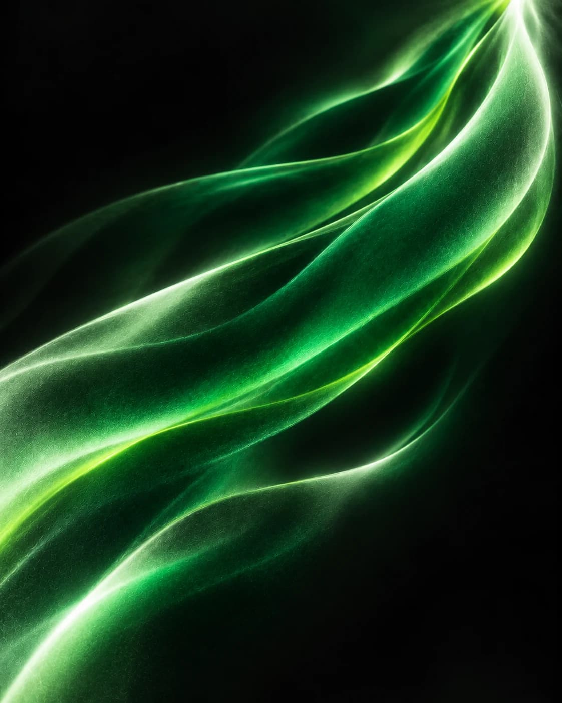Fluxo abstrato de luz verde-esmeralda, verde-lima e branca, criado para a Auverdev