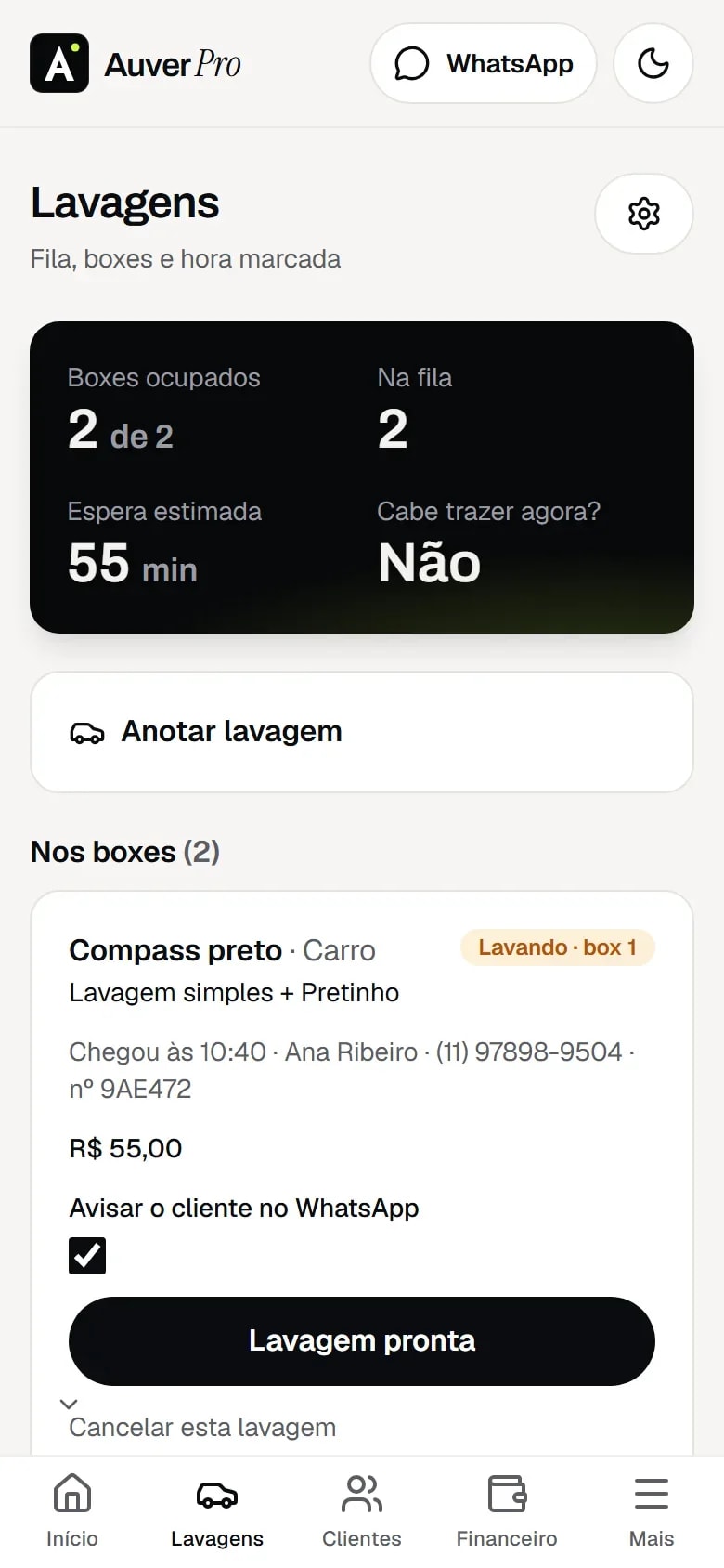 Fila de lavagens no celular, com o aviso de carro pronto