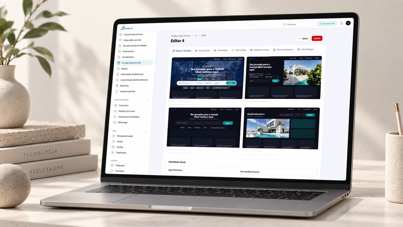 Configurações do site da imobiliária com os quatro temas de capa e a identidade visual