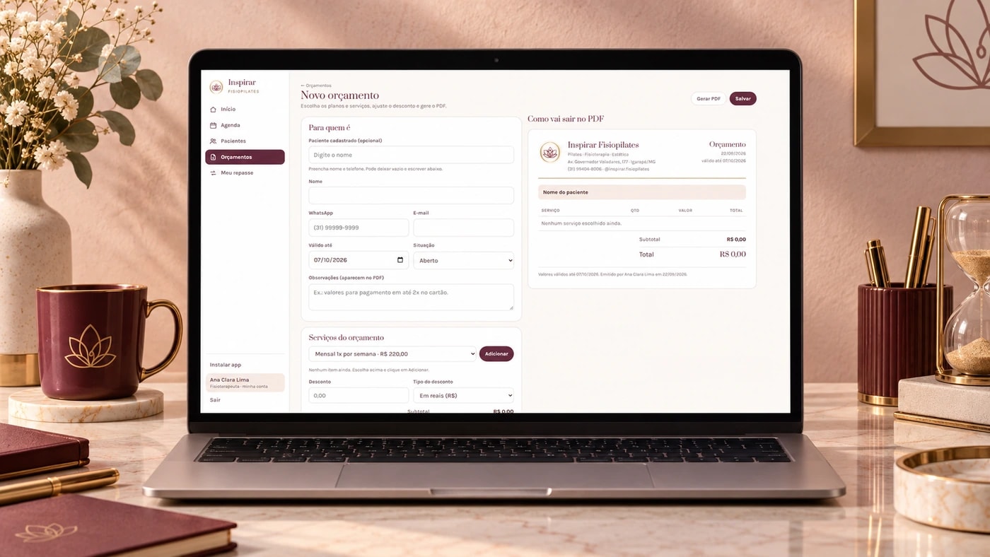 Montagem de orçamento com planos, serviços e desconto, ao lado da prévia do PDF