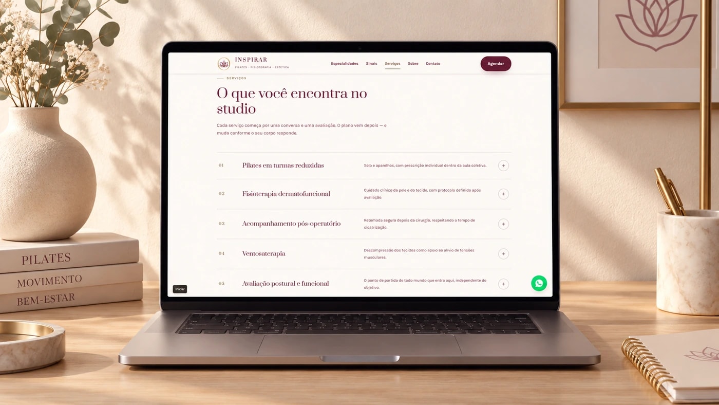 Seção de serviços do site, com pilates, fisioterapia dermatofuncional e avaliação postural