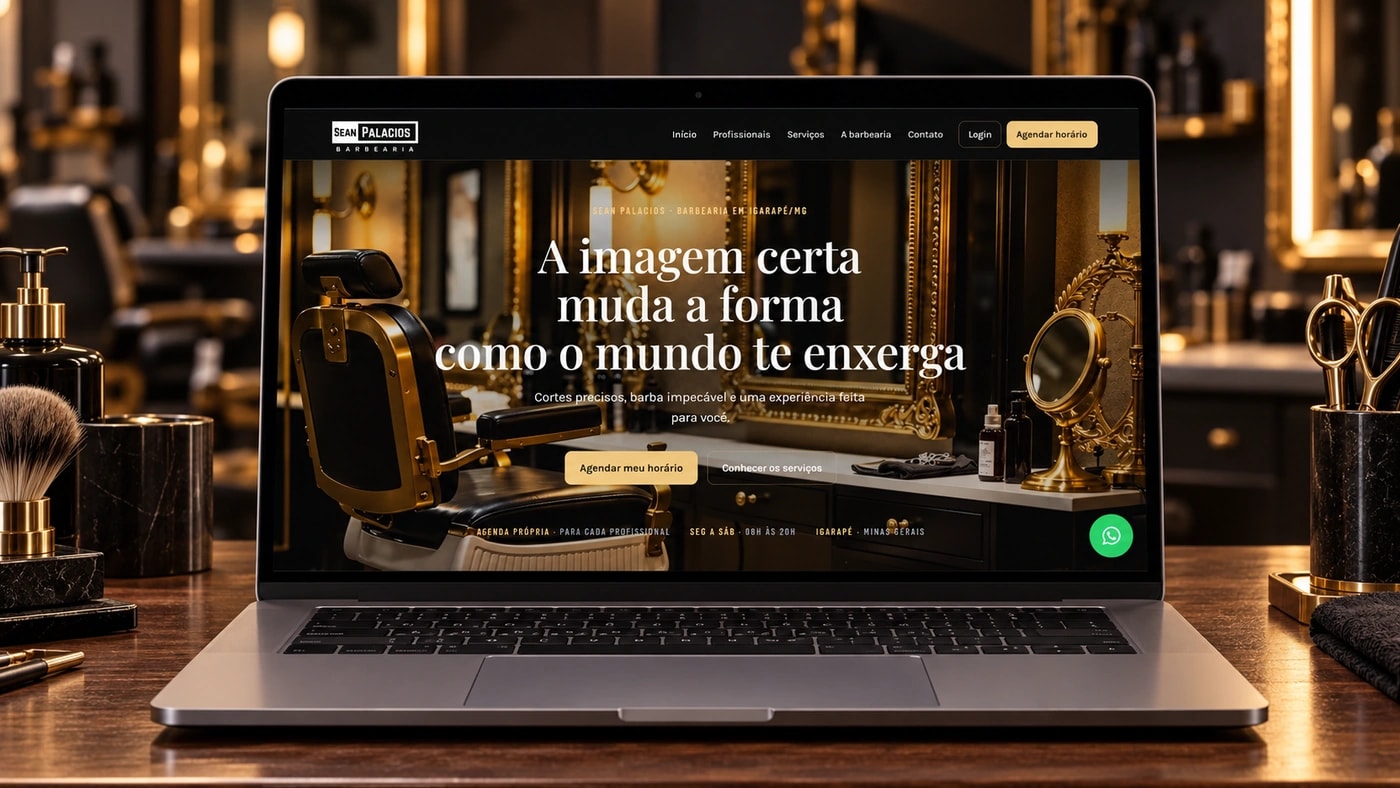Site da Sean Palacios Barbearia em preto e dourado com chamada para agendar horário