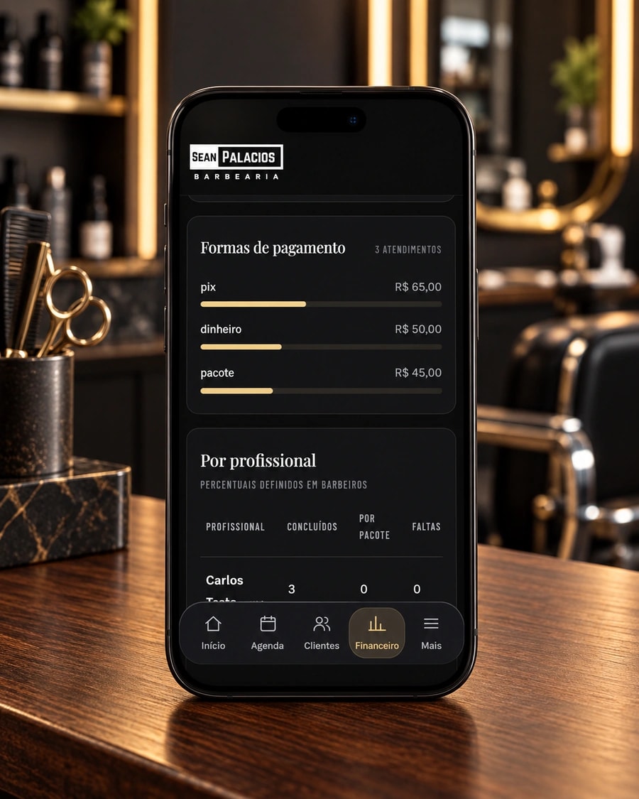 Financeiro no celular com formas de pagamento e atendimentos por profissional