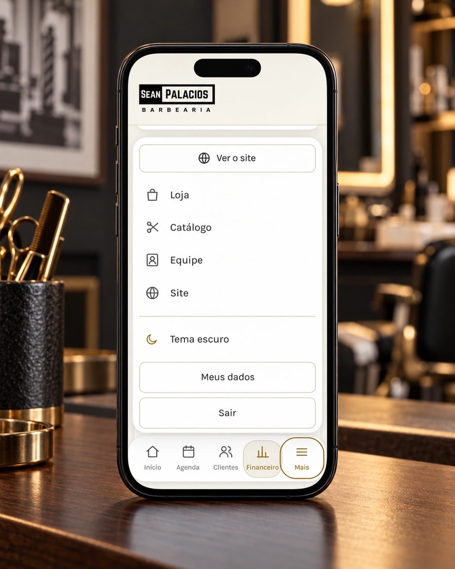 Menu mobile em tema claro com loja, catálogo, equipe, site e preferências
