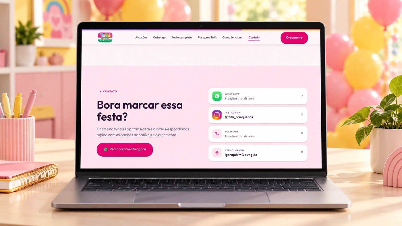 Seção de contato da Tatá Brinquedos com canais de atendimento e região atendida