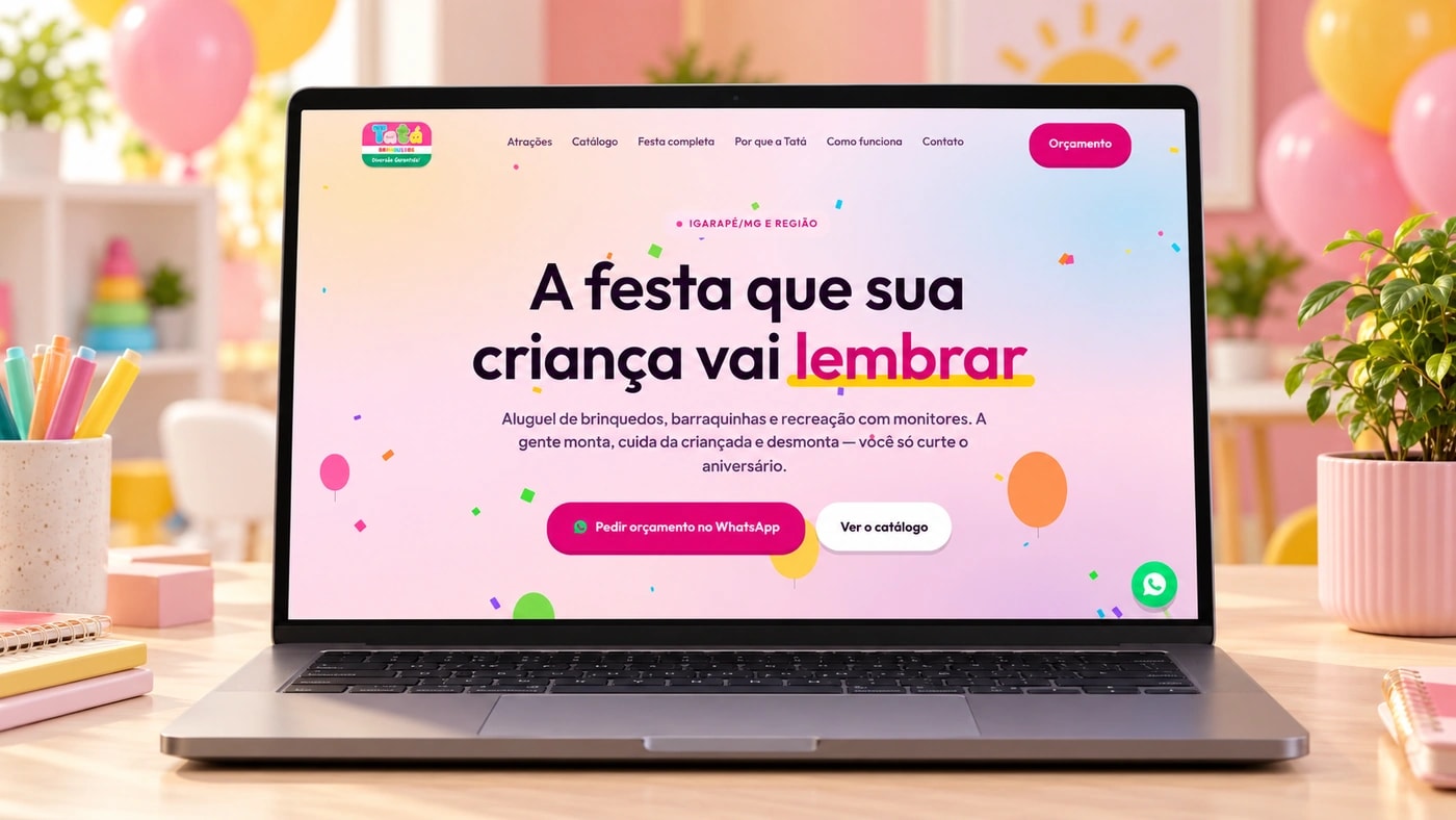 Página inicial da Tatá Brinquedos com identidade colorida e chamadas para catálogo e orçamento
