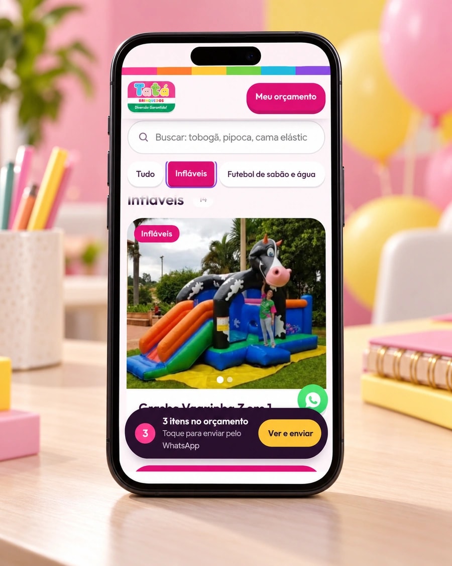 Busca e filtros de infláveis no catálogo mobile da Tatá Brinquedos
