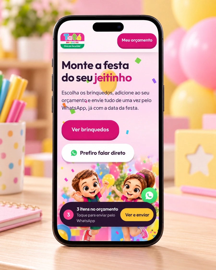 Catálogo da Tatá no celular com três itens selecionados para orçamento