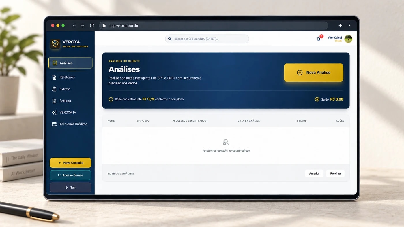 Painel do cliente Veroxa com a lista de análises e o saldo de créditos