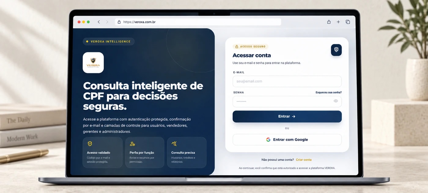 Tela de entrada da plataforma Veroxa com acesso validado por e-mail